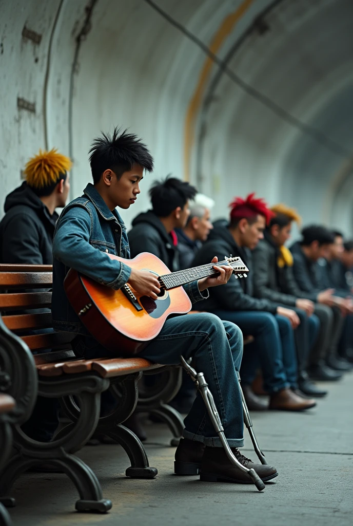 On the bench of a tunnel there is an Asian guy 2, young man with crutches, black neat messy hair, playing guitar, tourist fence, Receive coins. Surrounded by a group of gang members whose hair is dyed red, yellow, white, with punk style