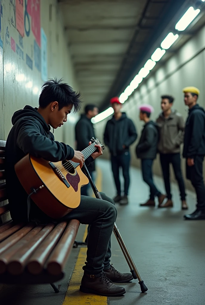 On the bench of a tunnel there is an Asian guy 2, young man with crutches, black neat messy hair, playing guitar, tourist fence, Receive coins. Surrounded by a group of gang members whose hair is dyed red, yellow, white, with punk style