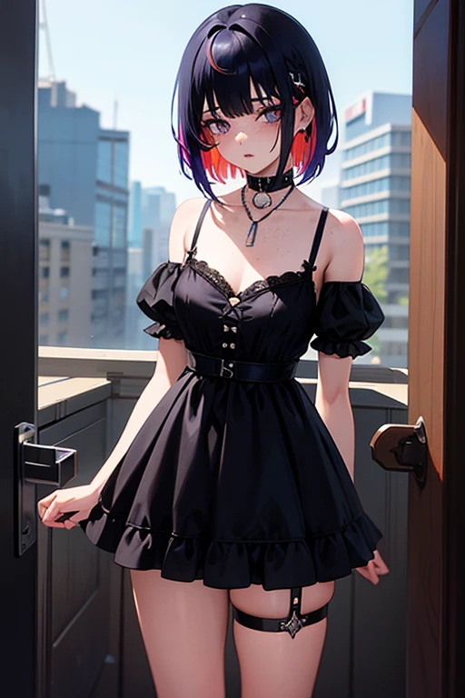 1 girl, standing alone, multicolored hair, hair blue, Bblack hair, necklase, freckles, jewerly, two tone hair, trunk, bangss, shorth hair, parted lips, eyes black, Gothic, choker, lingerie white, looking ahead at viewer