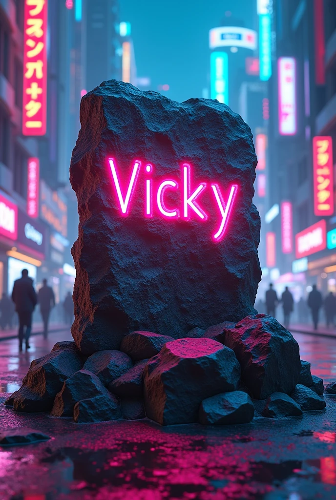 Vicky name on the stone with neon city