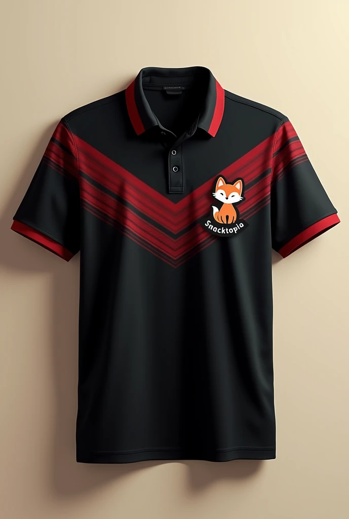 Black polo shirt with red lines with a small logo on the front of a cute little fox that says snacktopia Put the name Snacktopia under the fox in circular typography