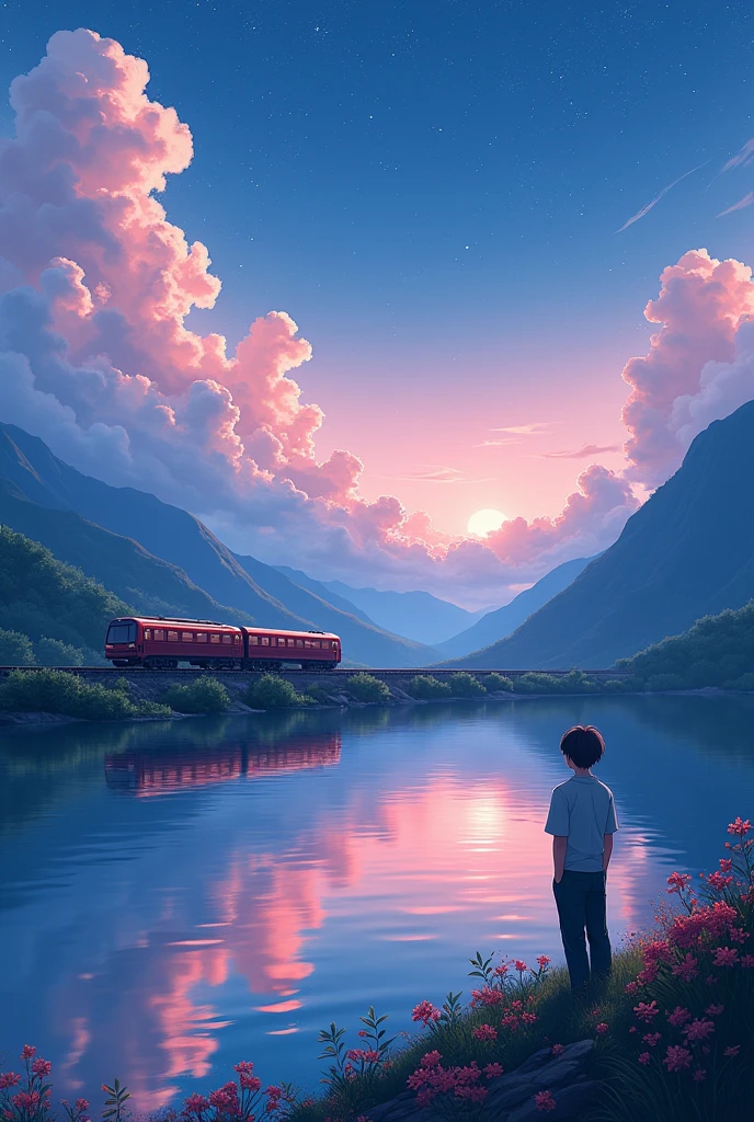 High quality masterpieces, landscapes, clouds, anime train passing water bodies on railway tracks in the distance, bright starry sky. traveler, romantic lights, pixiv, concept art, lofi art style, reflection. Makoto Shinkai, rophy art, beautiful anime scenes, anime scenery, detailed scenery — width 672, Makoto Shinkai's style, Makoto Shinkai's style, enhanced details.