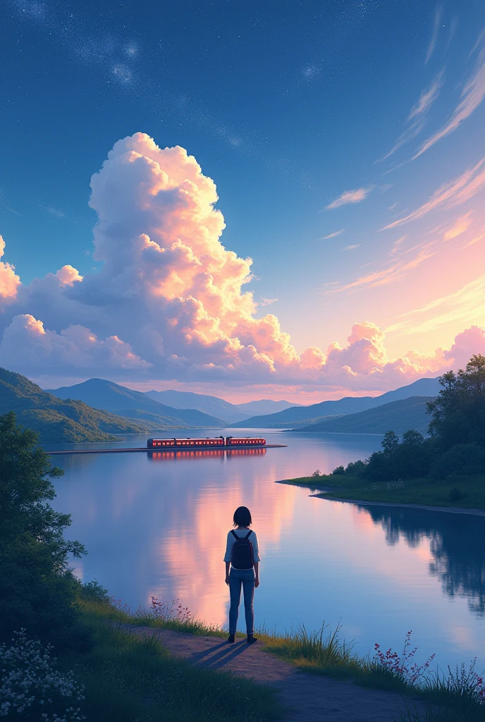 High quality masterpieces, landscapes, clouds, anime train passing water bodies on railway tracks in the distance, bright starry sky. traveler, romantic lights, pixiv, concept art, lofi art style, reflection. Makoto Shinkai, rophy art, beautiful anime scenes, anime scenery, detailed scenery — width 672, Makoto Shinkai's style, Makoto Shinkai's style, enhanced details.  