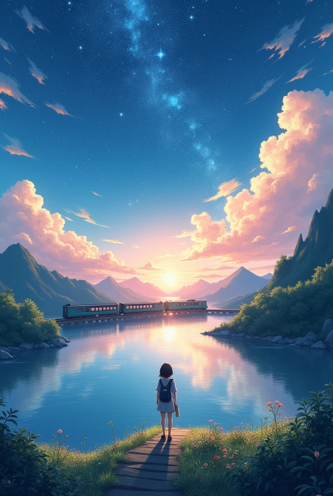 High quality masterpieces, landscapes, clouds, anime train passing water bodies on railway tracks in the distance, bright starry sky. traveler, romantic lights, pixiv, concept art, lofi art style, reflection. Makoto Shinkai, rophy art, beautiful anime scenes, anime scenery, detailed scenery — width 672, Makoto Shinkai's style, Makoto Shinkai's style, enhanced details.