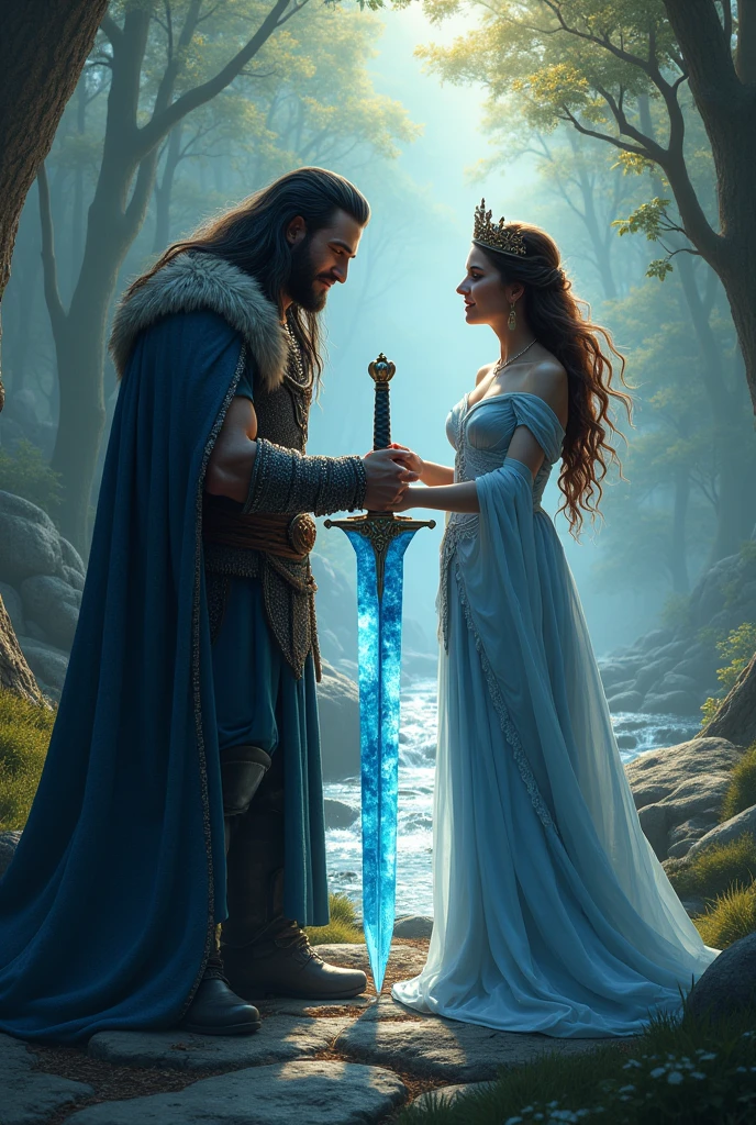 A barbarian king kneeling before his queen, with a crystal blue ice sword in his hands. He has long black hair, approximately 2. the Queen, standing, observes the king with tenderness and admiration. She is dressed in an elegant robe that shines in the light., while carefully placing a crown on the king's head as a sign of respect and love. the Queen tem cabelos castanhos e feições gentis e delicadas. The scenery is majestic, with a wild and open forest , with a stream running further in the background