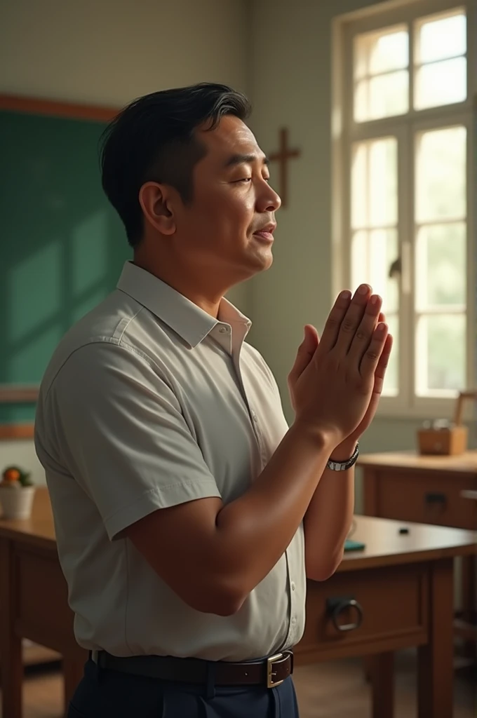 Ease create an image of a filipino teacher praying to jesus christ