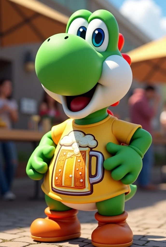 Yoshi wears a dartshirt and there ist a big Beer on the shirt