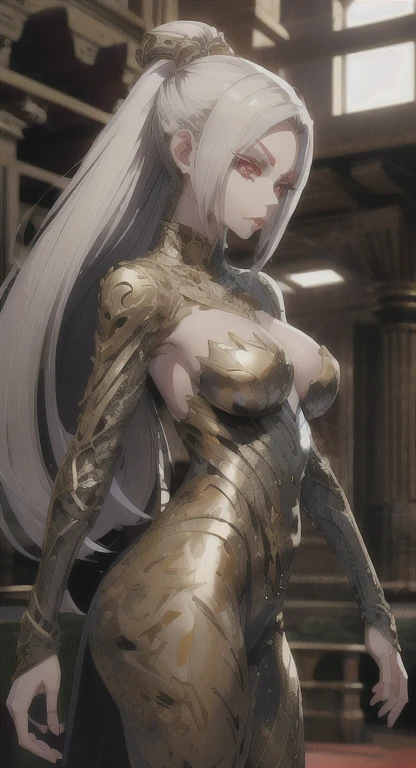 The first, Eldari goddess android Kalindria, silver hair, red eyes, looking at viewer, ancien armor, 