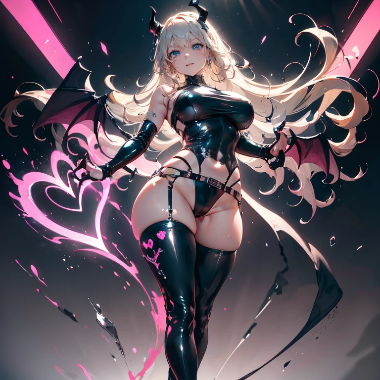 Anime Waifu beautiful detailed eyes, beautiful detailed lips, extremely detailed eyes and face, longeyelashes, 1girl, sensual, young woman, medium breasts, beautiful feminine face, nice thighs, slim, sexy, erotic, beautiful clothes, perfect body, cinematic lighting and framing, (best quality,4k,8k,highres,masterpiece:1.2),ultra-detailed,digital painting,portrait,glamorous,highly detailed,soft lighting,warm color tones aachizuru, long hair,((Highest quality,,T-And Star Piece:1.3)),Sharp focus:1.2,Pretty woman with perfect figure:1.4,,(Incredibly huge breasts:1.4),(Huge hips),smile,Thin abdominal muscles:1.2,((Beige Hair,.4)),,Highly detailed face and skin texture,Fine grain,double eyelid、(Black Theme:1.3), (Gothic Punk:1.3), (studded leather jacket:1.1), (Latex leotard, Leotard Fusion Gothic Skirt, Frills, race:1.2), race-up boots, gloves, chain neckrace, choker, Chain Accessories, zettai ryouiki
、【prompt】
break (black and shocking pink theme:1.4), (Sexy succubus cosplay costume with genital tattoos:1.2), (sleeveless black latex high neck crop top with Heart-shaped cut keyhole:1.4), ((Bare shoulders, Bare arms, Bare thighs):1.3), (Black latex low rise micro shorts:1.3), (shocking pink grommet belt:1.3), (Tight latex black long sleeves:1.3), ((A combination of black high platform shoes and thigh-high boots) with heels:1.2), (shocking pink devil horns has bioluminescence glow LED-light on temporal region:1.3), (Large bat wings for cosplay:1.4), (Black wings:1), (shocking pink (Heart-shaped, Heart symbol) Bioluminescent LED light on belly:1.4), (Black prisoner's bracelet:1.2),