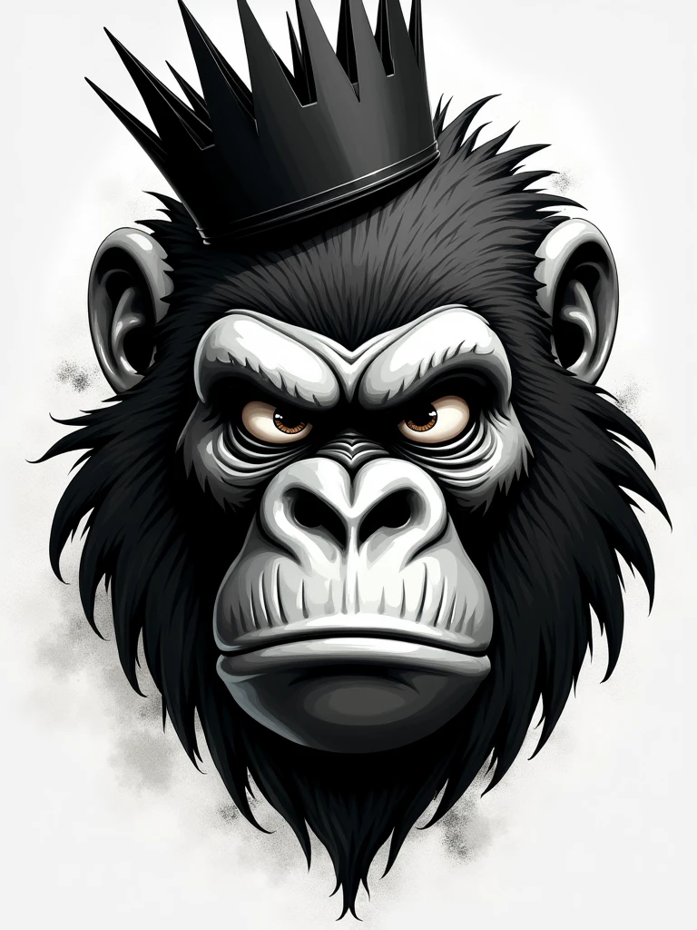 (((CGI, 2D))), ((32k UHD high detail cinematic art-style)) Develop a captivating logo inspired by the style of the band Gorillaz, featuring only the face of a gorilla in black and white, with a black crown superimposed. Ensure that the gorilla's face is expressive and full of personality, capturing the unique essence of the band's artistic style. Use sharp strokes and defined lines to highlight the gorilla's facial details and create a striking look. The “black crown” adds a touch of distinction and elegance to the design, emphasizing the importance and power of the portrayed gorilla. Ensure that the logo conveys a sense of authenticity and originality, reflecting ((((Gorillaz's creative and innovative spirit)))). Film grain sharp focus style fujifilm CT3 5D, acrylic painting, trending on pixiv fanbox, palette knife and brush strokes, style of makoto shinkai jamie wyeth james gilleard edward hopper greg rutkowski studio ghibli genshin impact