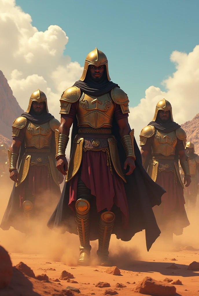 A tense scene on a battlefield, with a group of black soldiers in ancient armor, looking fearful and hesitant. They are in a desert-like area, with dust and tension in the air. The background is a vast open space with mountains far in the distance. The soldiers' expressions convey fear, and the overall.  Pixar/Disney animation style"