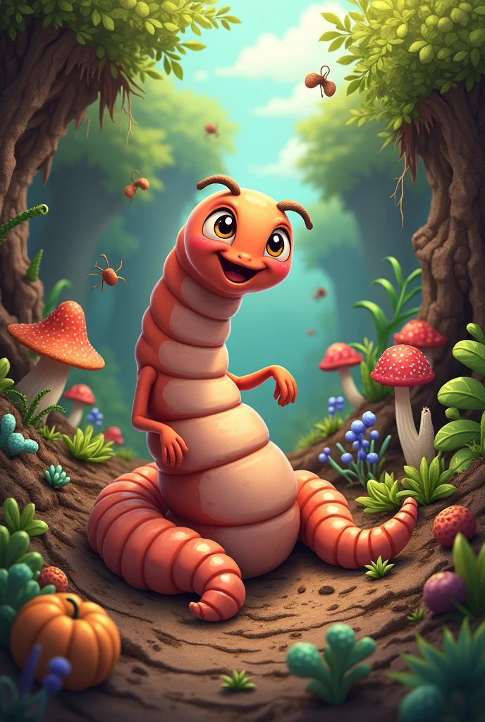 Earthworm mascot showing soil microorganisms 
