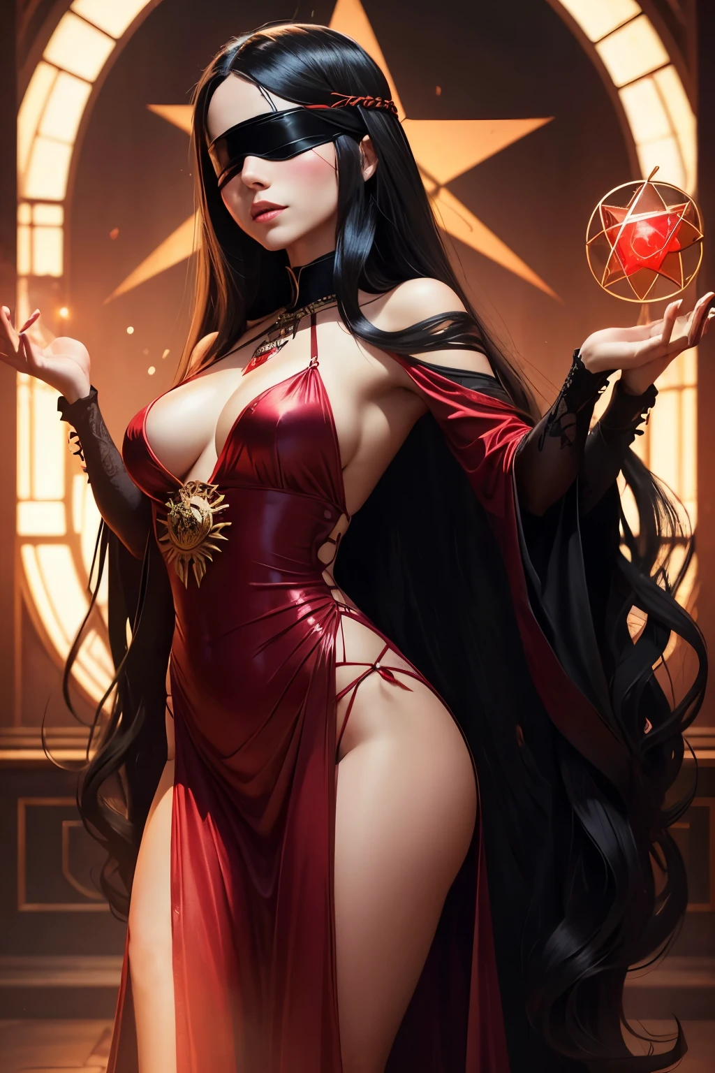 Woman, Black Hair, Long Hair, ((Sexy Blindfold)), Ceremonial Evening Gown, Red Evening Gown, Holy Relic in Hand, Standing in Glowing Pentagram