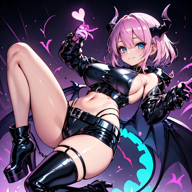 Anime Waifu beautiful detailed eyes, beautiful detailed lips, extremely detailed eyes and face, longeyelashes, 1girl, sensual, young woman, medium breasts, beautiful feminine face, nice thighs, slim, sexy, , beautiful clothes, perfect body, cinematic lighting and framing, (best quality,4k,8k,highres,masterpiece:1.2),ultra-detailed,digital painting,portrait,glamorous,highly detailed,soft lighting,warm color tones aachizuru, long hair,（（Highest quality，，T-And Star Piece：1.3）），Sharp focus：1.2，Pretty woman with perfect figure：1.4，，（Incredibly huge breasts：1.4），（Huge hips），smile，Thin abdominal muscles：1.2，（（Beige Hair，.4）），，Highly detailed face and skin texture，Fine grain，double eyelid、(Black Theme:1.3), (Gothic Punk:1.3), (studded leather jacket:1.1), ( leotard, Leotard Fusion Gothic Skirt, Frills, race:1.2), race-up boots, gloves, chain neckrace, choker, Chain Accessories, zettai ryouiki
、【prompt】

break (black and shocking pink theme:1.4), (Sexy succubus cosplay costume with  tattoos:1.2), (sleeveless black  high neck crop top with Heart-shaped cut keyhole:1.4), (( shoulders,  arms,  thighs):1.3), (Black  low rise micro shorts:1.3), (shocking pink grommet belt:1.3), (Tight  black long sleeves:1.3), ((A combination of black high platform shoes and thigh-high boots) with heels:1.2), (shocking pink devil horns has bioluminescence glow LED-light on temporal region:1.3), (Large bat wings for cosplay:1.4), (Black wings:1), (shocking pink (Heart-shaped, Heart symbol) Bioluminescent LED light on belly:1.4), (Black prisoner's bracelet:1.2),
