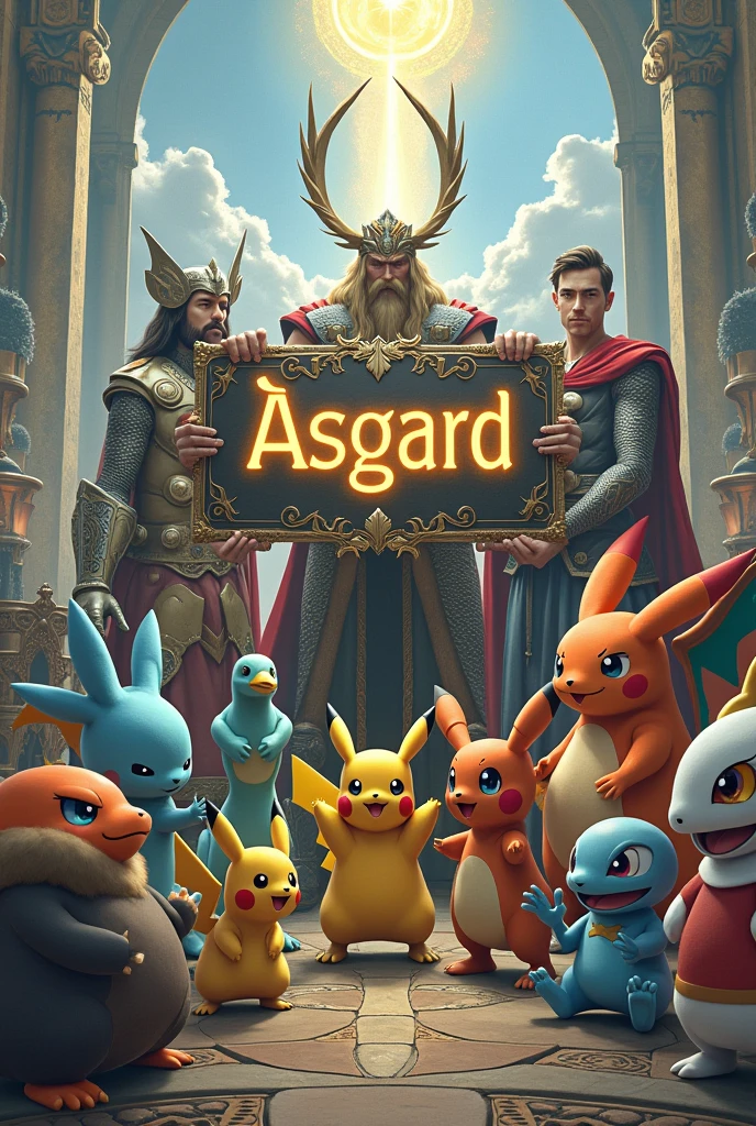 GODS OF ASGARD AND POKEMONS HOLDING A SIGN WITH ASGARD WRITTEN ON IT