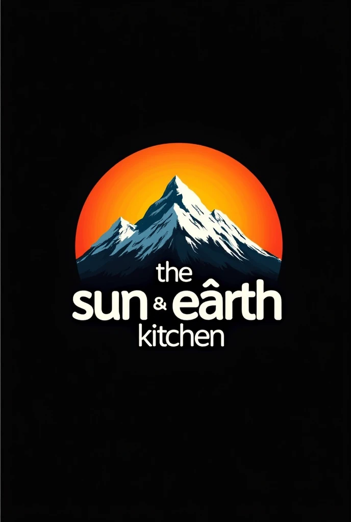 
 a logo with a black background containing the words "The Sun and Earth Kitchen" that they are inside a sun and a snowy mountain with the letters in Spanish 
