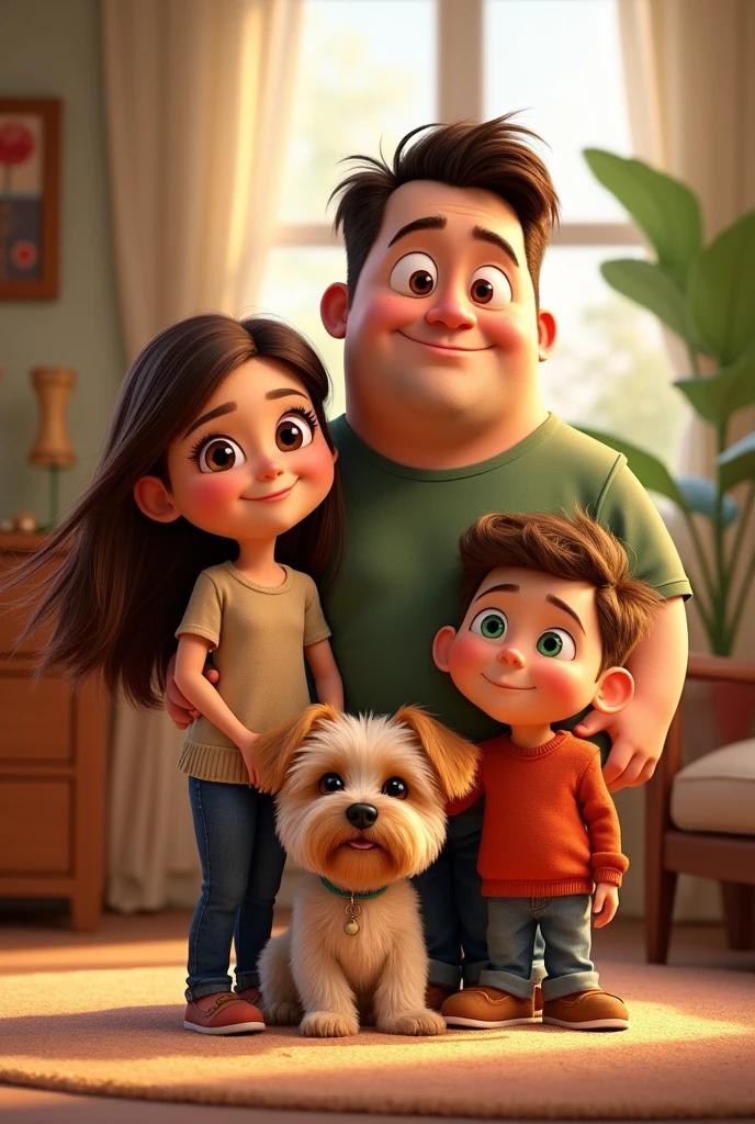 Generate pixar style image, from a family with a chubby mom, Brown eyes, Brown hair. A chubby dad with a bigger head, Voluminous eyebrows and very short hair. A slim daughter, Brown hair claro largo. A boy with green eyes and very short hair, of you clear. A Yorkshire terrier dog. Only two son