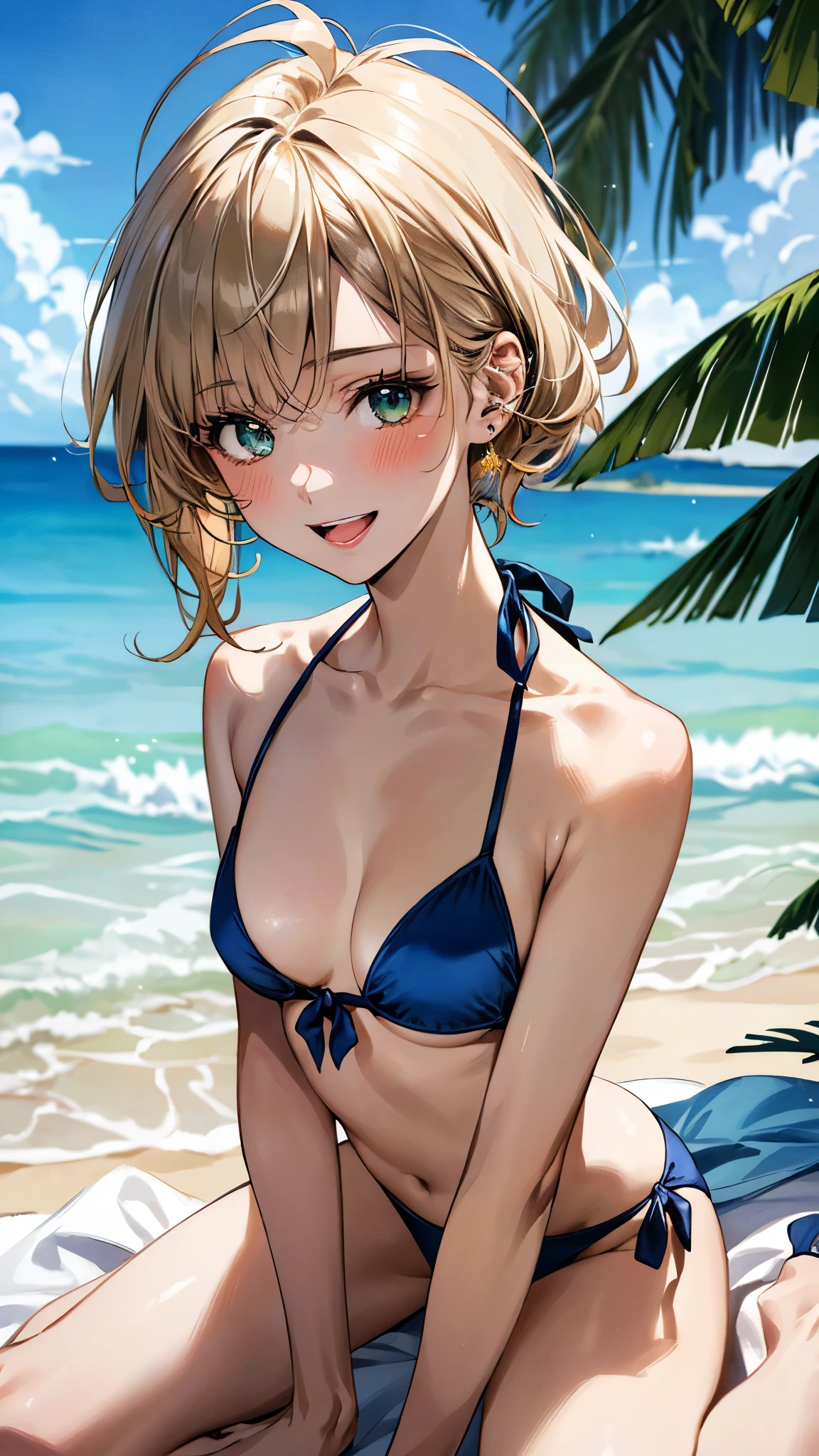 (masterpiece:1.3, top-quality, ultra high res, ultra detailed), (realistic, photorealistic:1.4), beautiful illustration, perfect lighting, natural lighting, colorful, depth of fields, surrealism,
beautiful detailed hair, beautiful detailed face, beautiful detailed eyes, beautiful clavicle, beautiful body, beautiful chest, beautiful thigh, beautiful legs, beautiful fingers, shiny skin, babyface,
looking at viewer, selfie, 1 girl, high school girl, (perfect anatomy, anatomically correct, super detailed skin), cute and symmetrical face, perfect face, perfect eyes,
(short hair, lob hair, blonde hair), asymmetrical bangs, ahoge, blue-green eyes, big eyes, long eyelashes, (large breasts:1.2, seductive thighs), slender, outstanding style,
(detailed cloth texture, break marine blue bikini),
(beautiful scenery), evening, (tropical beaches), (wariza), (lovely smile, open mouth small),