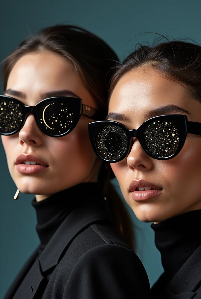 man and women models are wearing glass sunglasses with stars and the moon on the glass.