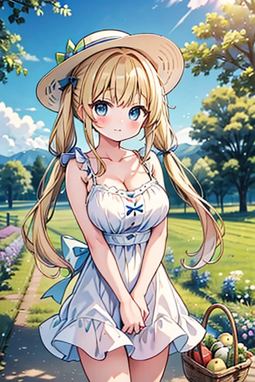 Highest quality,masterpiece,8k,Anime Style,Blonde with blue eyes、japan farm,basket full of vegetables,camisole、hold with both hands,race,White camisole dress mini skirt,Cleavage,,Large Breasts、Twin tails、Cute eyes,sun hat(sun hat),Smooth thighs,Accentuate your breasts,