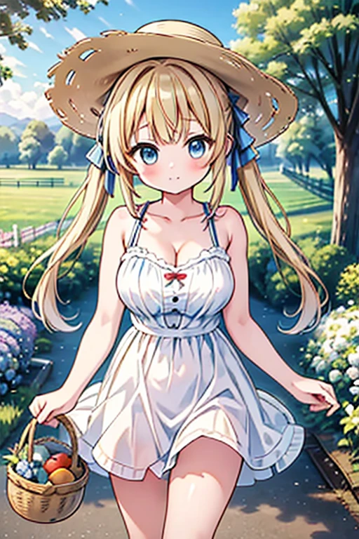 Highest quality,masterpiece,8k,Anime Style,Blonde with blue eyes、japan farm,basket full of vegetables,camisole、hold with both hands,race,White camisole dress mini skirt,Cleavage,,Large Breasts、Twin tails、Cute eyes,sun hat(sun hat),Smooth thighs,Accentuate your breasts,