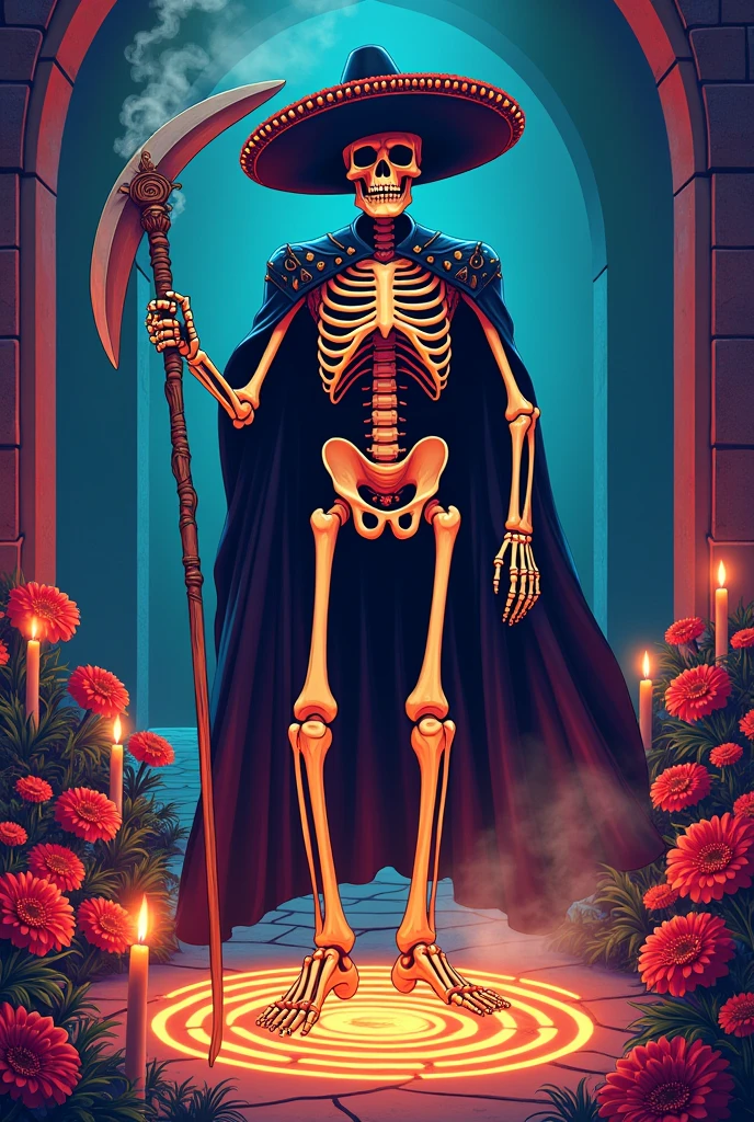 (masterpiece, Best Quality:1.1), (ultra high resolution, ultra detailed:1.2),Pop-art style, The Skeleton Knight, He wears a sombrero and a mariachi suit, Face that looks like a Calavera skull,Skeletal hand,skeleton body,arrogant, Holding a large scythe, Calendula, candles,posing great,Mexican secret chamber,(Day of the Dead),(Glowing magic circle drawn on the ground., smoke,)