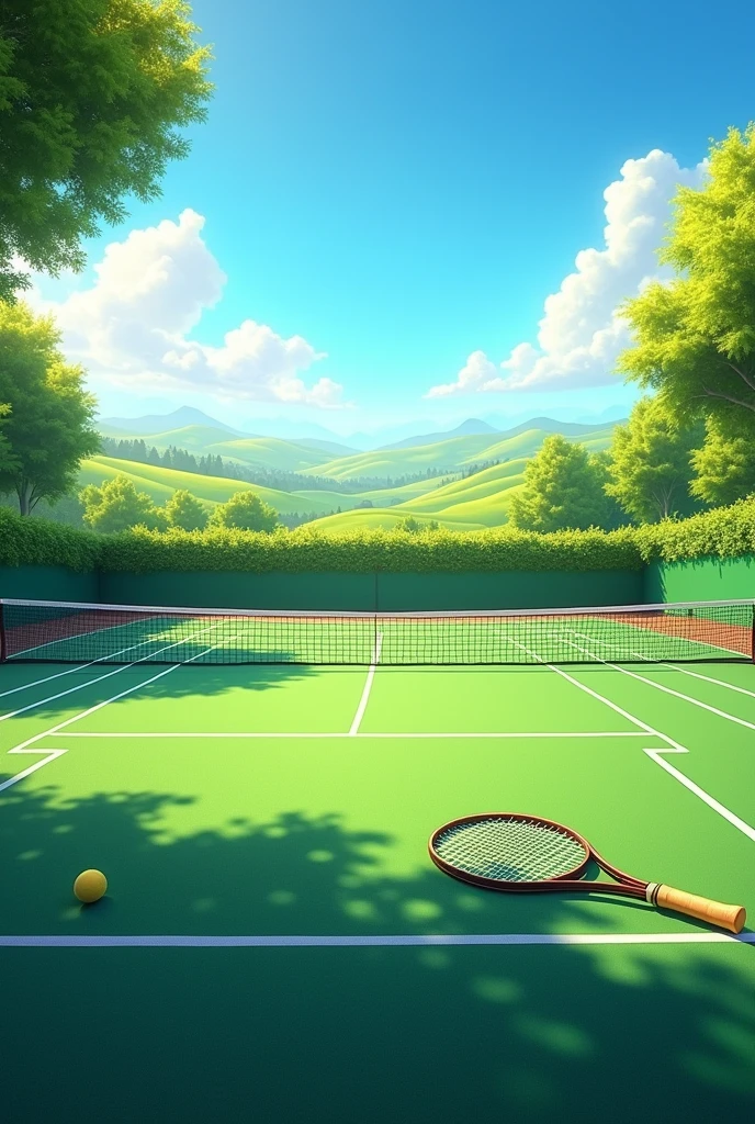 Creating a tennis court with a racket on the ground on a beautiful sunny day
