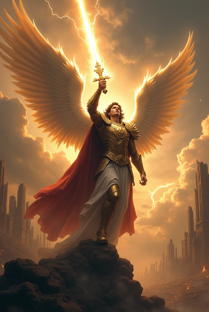 I want an epic image of the angel Michael's sword shining when the world is in chaos