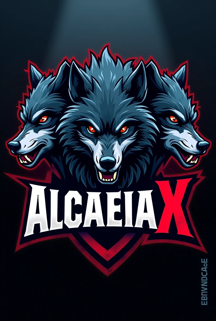 a team logo with three fierce wolves and its name written in this logo the name is Alcateia X in Brazilian Portuguese.