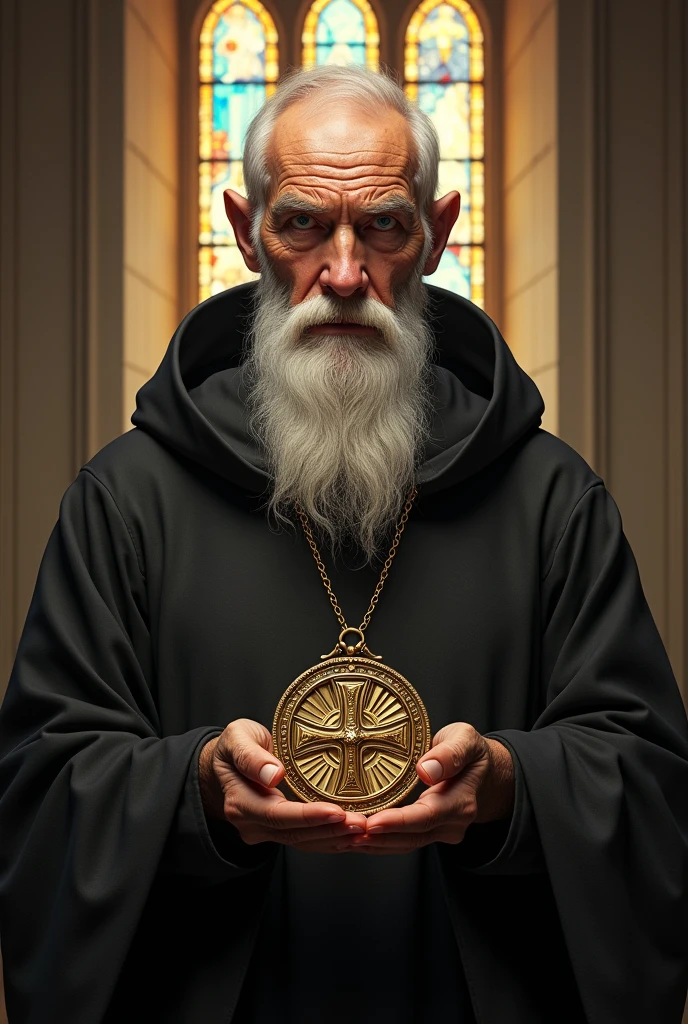 ultra realistic image of Saint Benedict with his medal with the cross of Saint Benedict, convey depth, in the background stained glass windows of a European church