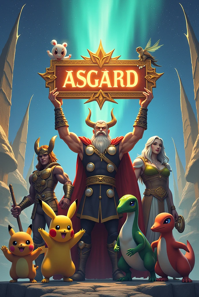 GODS OF ASGARD AND POKEMONS HOLDING A VERY EYE-CATCHING SIGN WITH ASGARD WRITTEN ON IT