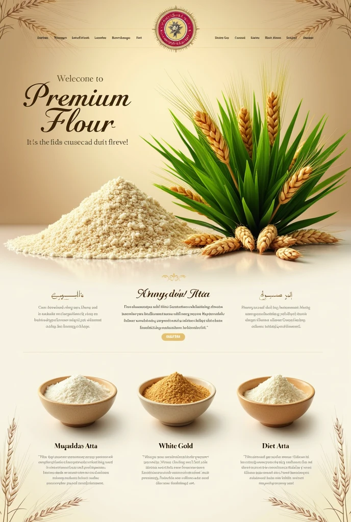 Create a template for my website related to flour wheat chakki 
I have only 3 quality of floor atta Muqaddas atta White gold and diet atta use wheat plant leaves in website and use wheat colors
In website 
Make more like that


