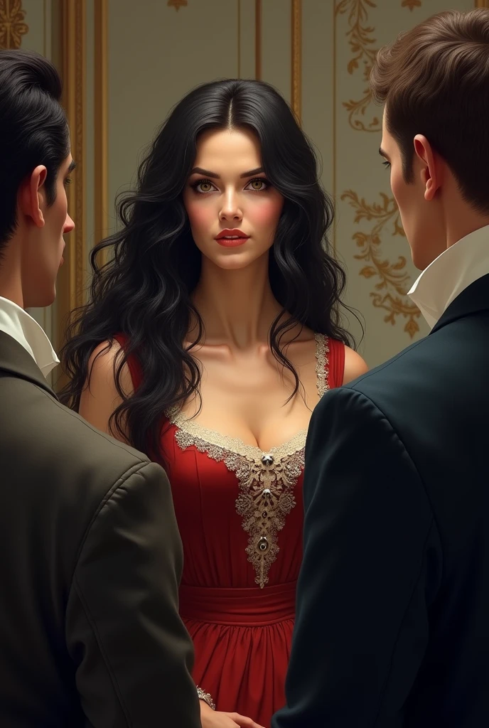 A stunning scene of a beautiful woman in a clinging red dress, her curves accentuated, gazing at an attractive man in an elegant tuxedo. The woman's eyes are filled with passion, while the man's eyes hold a disdainful look. The ambiance of the image is dramatic and intense, with a touch of romantic tension., cinematic