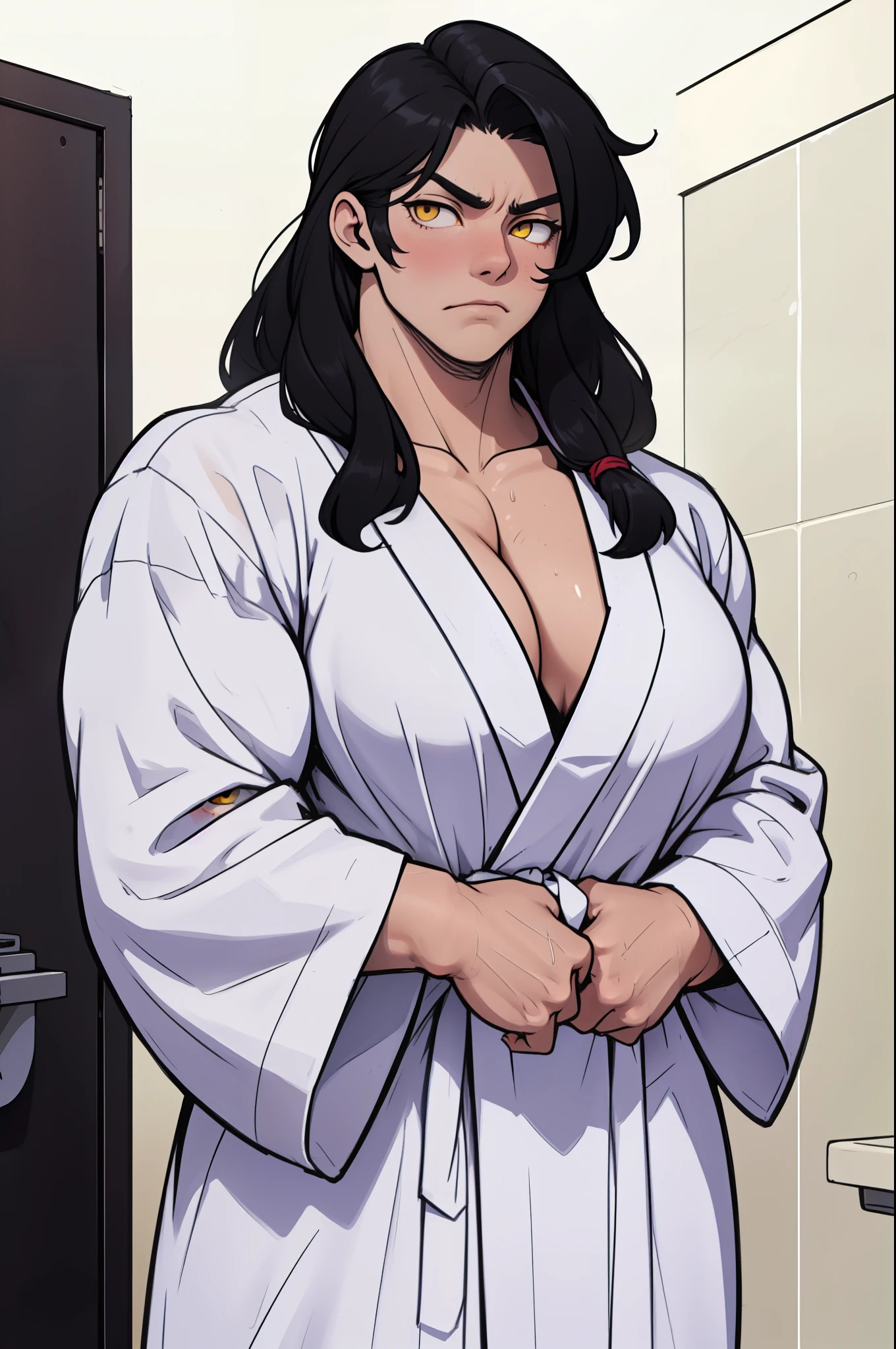 massive   ((((muscular girl)))) ((((muscular girl)))) ((((muscular girl)))) toned body long hair black hair yellow eyes pale skin serious look empty eyes sad frown embarrassed embarrassed embarrassed embarrassed bathrobe bathrobe bathrobe 