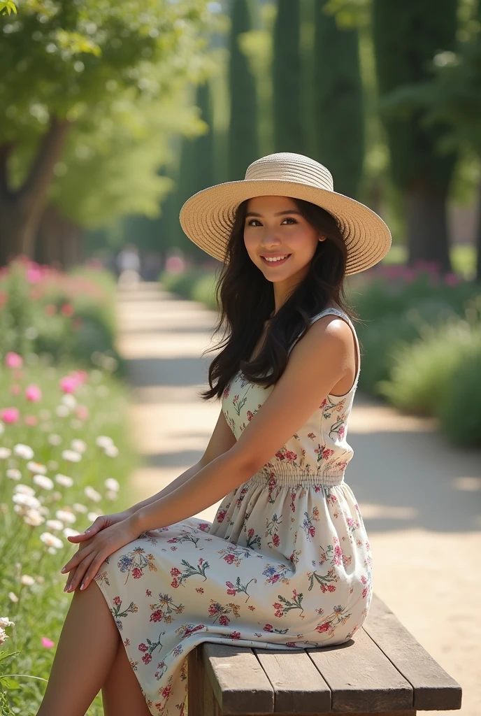 A highly detailed, ultra-realistic portrait of a woman of Asian descent from Turkey in a casual outdoor photoshoot. She is wearing a light, floral summer dress and a wide-brimmed hat, sitting on a rustic wooden bench in a sunlit park. The background features tall trees and a pathway lined with blooming flowers. The lighting is bright and natural, creating a cheerful and fresh atmosphere. The photo is taken from a three-quarter angle, capturing her relaxed pose and the idyllic outdoor setting.