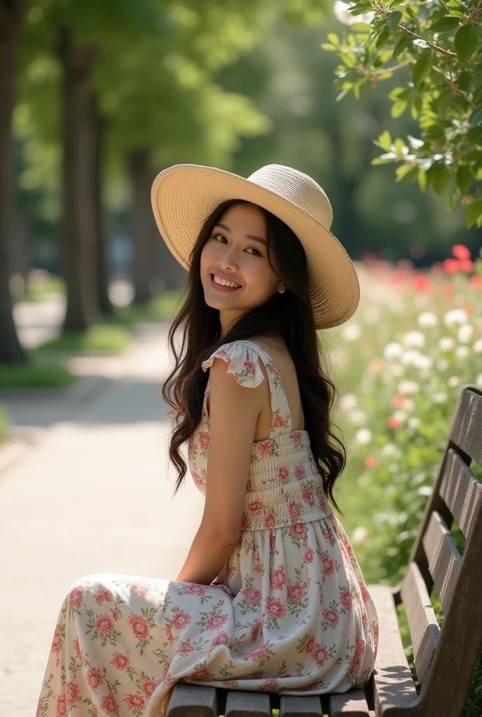 A highly detailed, ultra-realistic portrait of a woman of Asian descent from Turkey in a casual outdoor photoshoot. She is wearing a light, floral summer dress and a wide-brimmed hat, sitting on a rustic wooden bench in a sunlit park. The background features tall trees and a pathway lined with blooming flowers. The lighting is bright and natural, creating a cheerful and fresh atmosphere. The photo is taken from a three-quarter angle, capturing her relaxed pose and the idyllic outdoor setting.