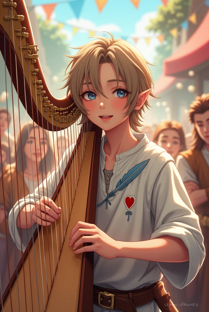 a young half-elf man with delicate, feminine features and shoulder-length light brown hair wearing white medieval clothing with a symbol of a light blue feather over a red heart drawn on the clothing at chest height, playing harp and partying with happy people in medieval anime cartoon style