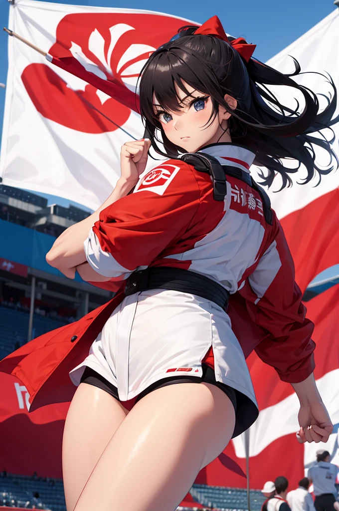 Japan flag, woman, ((Enormous)), fight pose in an olimpic stadium