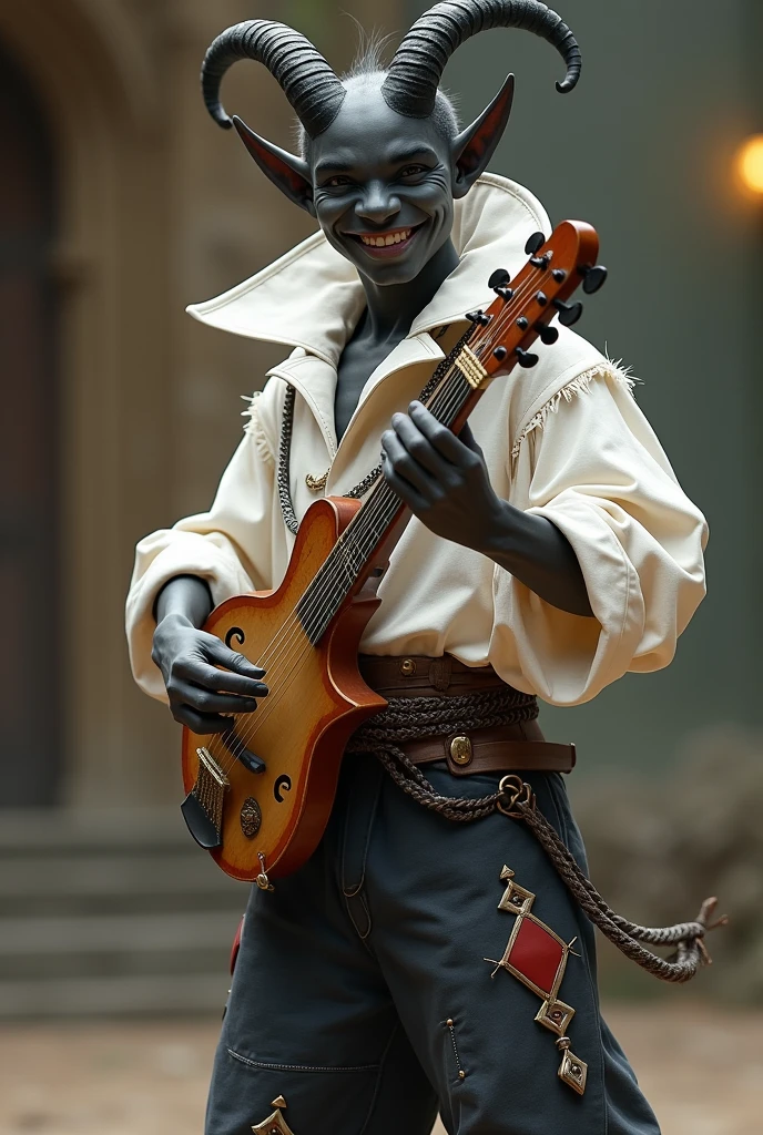 A young tiefling bard with dark gray skin, with two horns, one horn schism. He is wearing a white shirt with a voluminous collar and pants with diamonds and patches.. He plays the lyre, smiles and dances