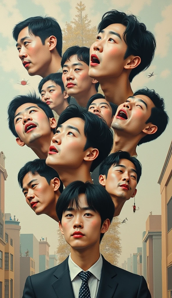 Expressionist artwork images of multiple floating heads of korean men, 3d collage style, make it weird and gallery worthy