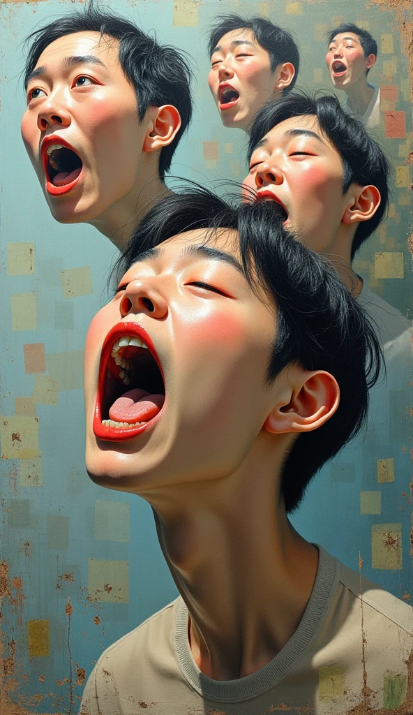 Expressionist artwork images of multiple floating heads of korean men, 3d collage style, make it weird and gallery worthy