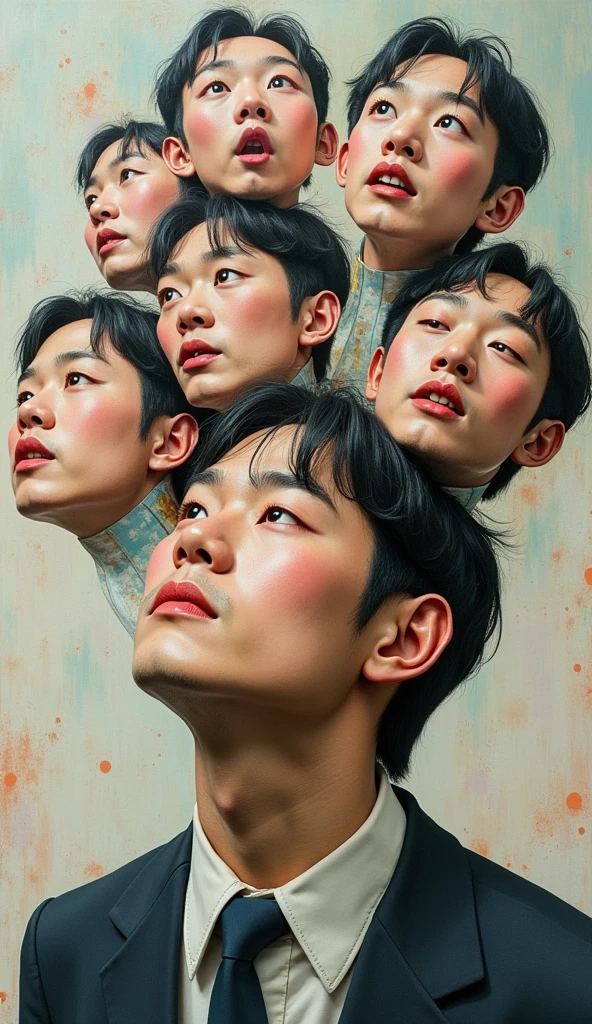 Expressionist artwork images of multiple floating heads of korean men, 3d collage style, make it weird and gallery worthy