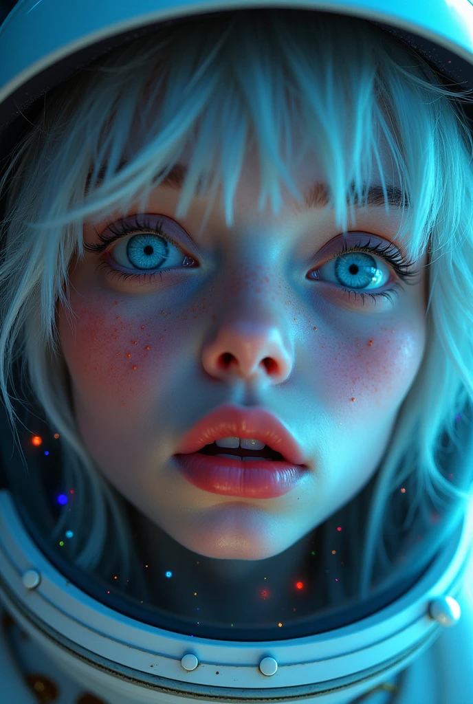 (Close-up of a better masterpiece: 1.5) 0.9], (Space and astronauts: 1.2) (Disheveled silver hair: 1.1) (Xanthochromia heterochromia and blue eyes: 1.2) (space helmet: 1.0) (colorful stars in the eyes: 1.0) (A radiant glow: 1.1) (thick lips: 0.9)