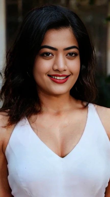 extreme close up photo of 30 years old naked rashmika, hourglass figure, swooping breasts, deep cleavage, curvy, armpits, seductive eyes, ass, look at viewer lusciously, subtle smile, erotic standing with wide open spread legs, red lips, sultry, loose wavy hair, 4K, HD, big curvy ass, brown nipples, white open shirt