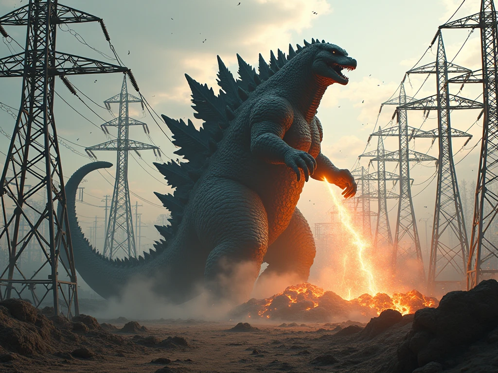 realistic photograph of giant Godzilla punching an electrical tower among an electrical distribution plant full of electrical towers, Godzilla destroying the towers with a punch, electrical lightning and electrical sparks fly off the destroyed towers. 