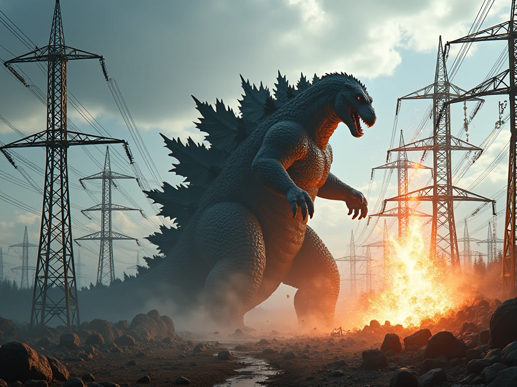 realistic photograph of giant Godzilla punching an electrical tower among an electrical distribution plant full of electrical towers, Godzilla destroying the towers with a punch, electrical lightning and electrical sparks fly off the destroyed towers.