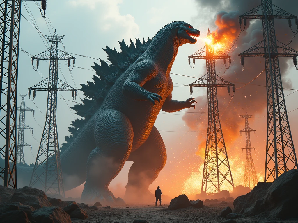 realistic photograph of giant Godzilla punching an electrical tower among an electrical distribution plant full of electrical towers, Godzilla destroying the towers with a punch, electrical lightning and electrical sparks fly off the destroyed towers.