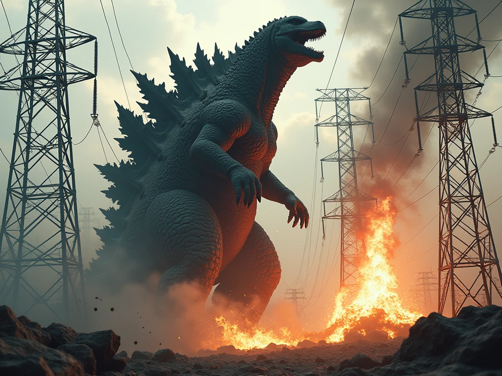 realistic photograph of giant Godzilla punching an electrical tower among an electrical distribution plant full of electrical towers, Godzilla destroying the towers with a punch, electrical lightning and electrical sparks fly off the destroyed towers.