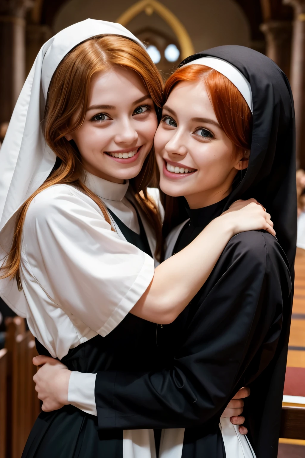 Two cute girls、Ginger Hair、Green Eyes、Smiling with teeth showing、Slim body、Cross necklace、Nuns in monastic uniforms、They are hugging each other、In the church