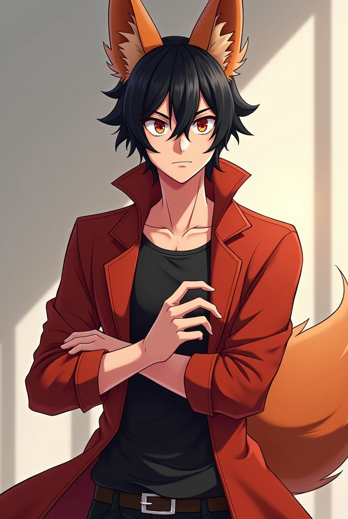Create an image of a rogue man (inspired by Ban, from Seven deadly sins) that is half human, half fox, whose garments must be reddish/orange (like the color of a fox), with red brown eyes, straight black hair, tall and slim. The character must be a male character. The face must be that of a man with a cunning look, com traços da raposa apenas em suas orelhas avermelhadas e orange. The image must be in cartoon form, with anime features